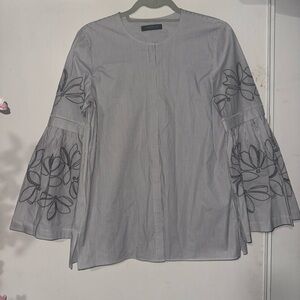 Lafayette 148 New York Gray Embellished Blouse with Flared Sleeves
